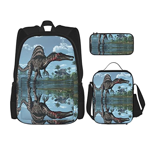 AeRko 3-teiliges Set Dinosaurier bedruckt Jungen Rucksack Lunchbox Federmäppchen Set Verstellbare Schulter 16 Zoll Rucksäcke (Farbe: C) von AeRko