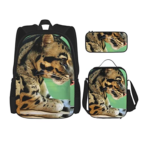 AeRko 3-teiliges Set Leopardenmuster Jungen Büchertasche Lunchbox Federmäppchen Set Mädchen Taschen Verstellbarer Schulterrucksack (Farbe: A) von AeRko