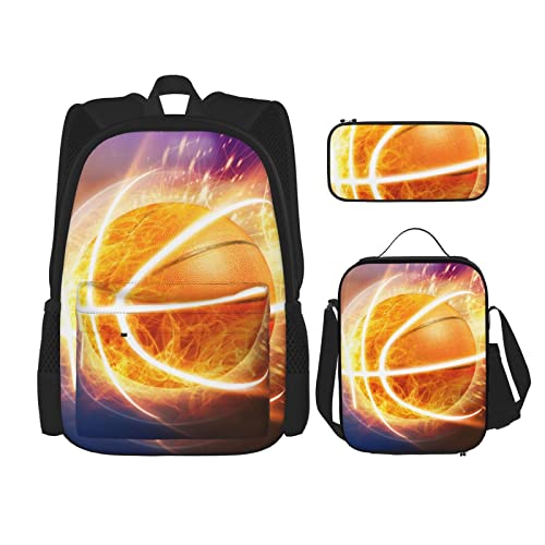 AeRko Basketball bedruckt Jungen Schulrucksäcke Reiserucksack Büchertasche Mittagessen Tragetasche Federmäppchen 3 Stück (Farbe: D) von AeRko