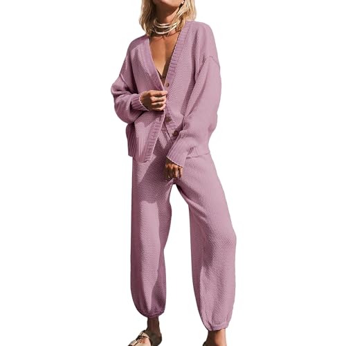 AeasyG Damen Zweiteilige Outfits Lounge Set Langarm V-Ausschnitt Übergroße Strickjacke Oberteil und hohe Taille Baggy Jogger Hose Passende Sets Casual Waffle Loungewear von AeasyG