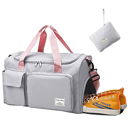 Reisetasche Sporttasche Damen, Faltbare Reisetasche Groß Reisetaschen Weekender mit Nassfach & Schuhfach Reise Sport Duffel Bags Faltbare Handgepäck(Grau+Rosa) von Aedcbaide