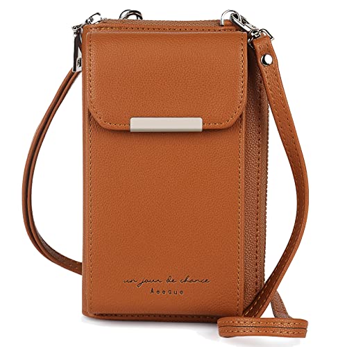 Aeeque Handytasche zum Umhängen Handlich, Handytasche mit Geldbörse zum Umhängen Damen,PU Leder Handy Umhängetasche Silber Reißverschluss, Geldbeutel mit Handyfach für Handy unter 6,5 Zoll - Braun von Aeeque