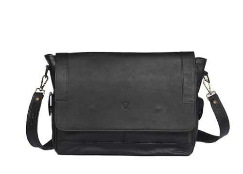 Aegis leather Messenger Bag für Damen & Herren – 100% echtes Leder Crossbody 15 Zoll Laptop Umhängetasche mit RFID-Schutz, verstellbarem Gurt, Multi-Fach – strapazierfähige Reisebürotasche (Schwarz) von Aegis leather