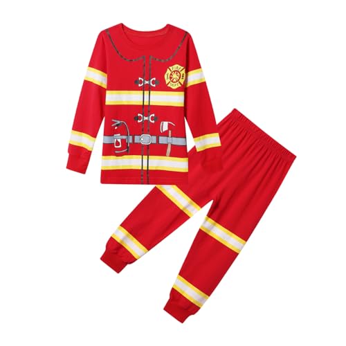 Aegisdorn Feuerwehrmann-Uniform-Pyjama-Set für Kinder, rot mit reflektierenden Streifen, langärmeliger Feuerwehrmann-Pyjama, Feuerwehrmannrot, 110 von Aegisdorn