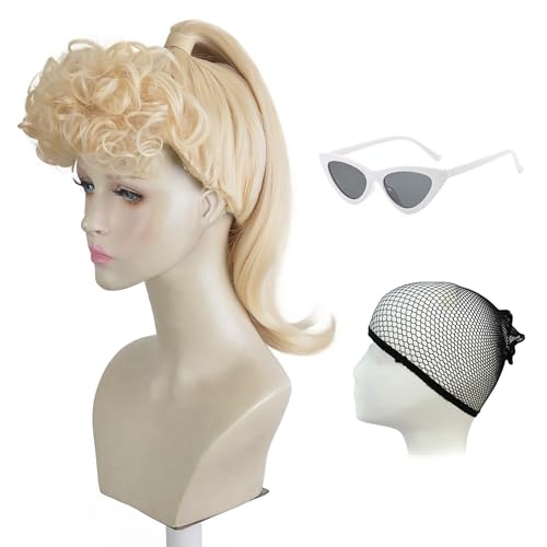 Aeilene Blonde Perücke für Damen, lang, mit blondem Pferdeschwanz, mit lockigem Pony, Perücke mit blondem Pferdeschwanz, mit weißer Sonnenbrille, für Party, Halloween, Cosplay Aeilene Blonde Perücke für Damen, lang, mit blondem Pferdeschwanz, mit lockigem Pony, Perücke mit blondem Pferdeschwanz, mit weißer Sonnenbrille, für Party, Halloween, Cosplay von Aeilene