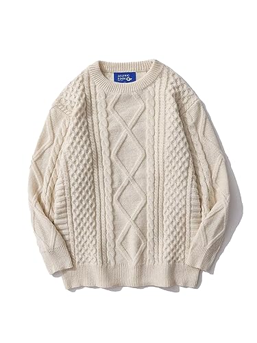 Aelfric Eden Herren Aran Pullover Fairisle Zopfmuster Pullover Langarm Rundhalsausschnitt Oversized Vintage Pullover Pullover Khaki XL von Aelfric Eden