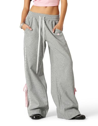 Aelfric Eden Baggy Jogginghose Damen Spitzenbesatz Sweatpants Weites Bein Freizeithose Graue Sporthose mit Taschen Grau L von Aelfric Eden