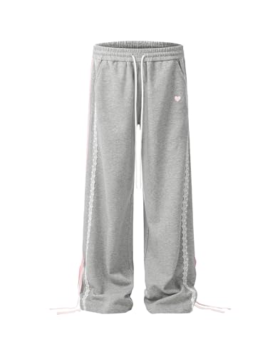Aelfric Eden Baggy Jogginghose Damen Spitzenbesatz Sweatpants Weites Bein Freizeithose Graue Sporthose mit Taschen Grau S von Aelfric Eden