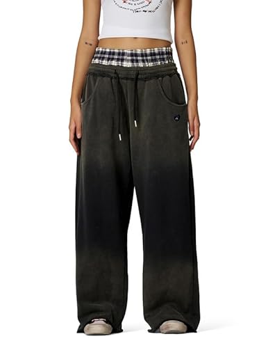 Aelfric Eden Baggy Jogginghose Herren Double Waist Vintage Sporthose Damen Karierte Patchwork Hose Plaid Freizeithose Casual Hosen Y2K Streetwear Sweatpants Dunkelgrau, L von Aelfric Eden