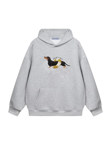 Aelfric Eden Cartoon Dog Hoodie Herren Dackel Kapuzenpullover Damen Oversized Hoody Dachshund Sweatshirt Y2K Unisex Hooded mit Muster Basic Sport Oberteile mit Kapuze Streetwear Grau, XS von Aelfric Eden