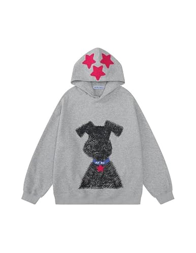 Aelfric Eden Cartoon Dog Hoodie Herren Graffiti Hundemuster Sweatshirt mit Kapuze Damen Y2K Oversized Kapuzenpullover Unisex Vintage Hoody Basic Casual Hooded Langarm Sport Oberteile Grau, XS von Aelfric Eden