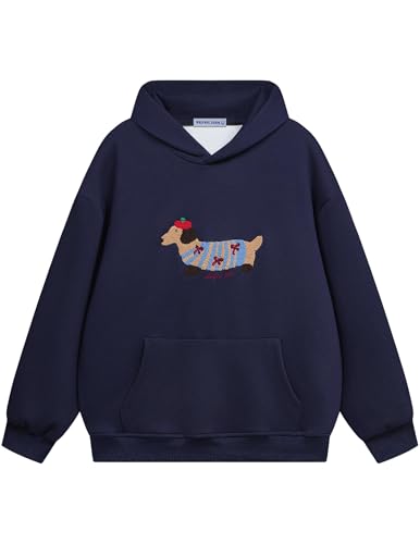 Aelfric Eden Cartoon Dog Hoodie Herren Oversized Kapuzenpullover Langarm Sweatshirt Y2K Hoody mit Kapuze Basic Vintage Hooded mit Muster Unisex Sport Oberteile Streetwear Marineblau, XL von Aelfric Eden