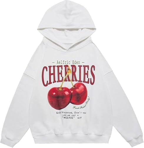 Aelfric Eden Damen Hoodies Unisex Cherry Graphic Kapuzenpullover Hip Hop Sweatshirt Frühling Herbst Winter Streetwear Pullover Weiß L von Aelfric Eden