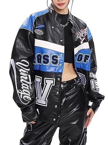 Aelfric Eden Damen Jacke Schwarz Blau Kurze Retro Lederjacke Unisex Collegejacke Übergröße Herren Stehkragen Baseball Jacken mit Tasche L von Aelfric Eden
