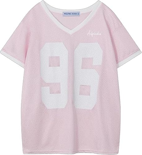 Aelfric Eden Damen Jersey T-Shirts V-Ausschnitt Mesh Trikot Sommer Tops Aufdruck Kurzarm Y2K Streetwear Tshirts Rosa L von Aelfric Eden