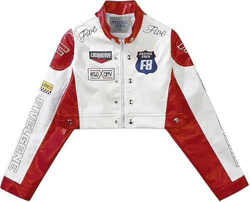 Aelfric Eden Damen Kunstlederjacke Cropped Racing Jacke Reißverschluss Patchwork Buchstaben Druck Motorradjacke Hiphop Y2K Streetwear Rot XS von Aelfric Eden