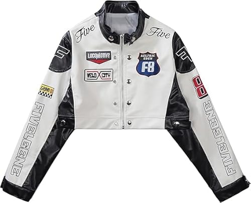 Aelfric Eden Damen Kunstlederjacke Cropped Racing Jacke Reißverschluss Patchwork Buchstaben Druck Motorradjacke Hiphop Y2K Streetwear Schwarz S von Aelfric Eden