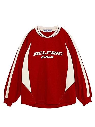 Aelfric Eden Damen Oversized Sweatshirt Ohne Kapuze Herren Vintage Raglan Patchwork Streifen Langarmshirt mit Logodruck Rot von Aelfric Eden