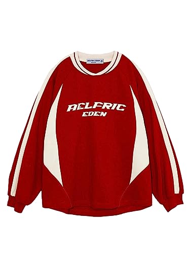 Aelfric Eden Damen Oversized Sweatshirt Ohne Kapuze Herren Vintage Raglan Patchwork Streifen Langarmshirt mit Logodruck Rot, M von Aelfric Eden