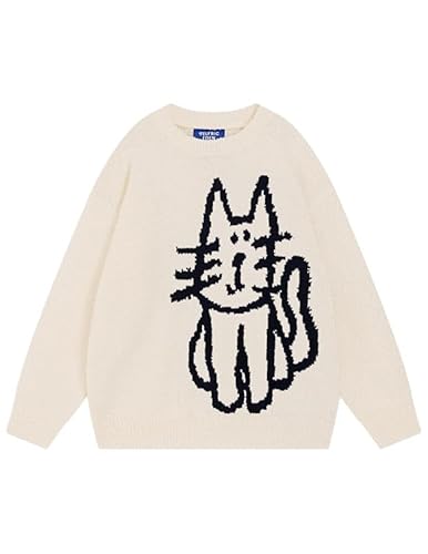 Aelfric Eden Damen Rundhals Strickpullover Unisex Pullover Oversize Kätzchen Graphic Langarm Strickpulli Herbst Winter Couple Oberteile Aprikose XL von Aelfric Eden