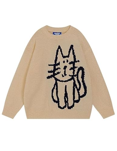 Aelfric Eden Damen Rundhals Strickpullover Unisex Pullover Oversize Kätzchen Graphic Langarm Strickpulli Herbst Winter Couple Oberteile Khaki L von Aelfric Eden