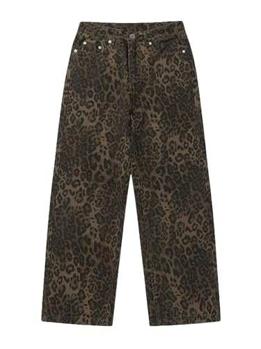 Aelfric Eden Herren Baggy Jeans Leopard Hosen Damen Weites Bein Y2K Lockere Jeanshosen Wide Leg Pants Streetwear Braun, 25 von Aelfric Eden