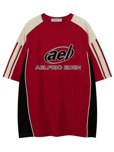 Aelfric Eden Herren Sommer Fußball Shirt Damen Oversized Rundhals Kurzarm Vintage Raglan Jersey Basic Tshirt mit Stripes Casual Oberteile Streetwear Rot von Aelfric Eden