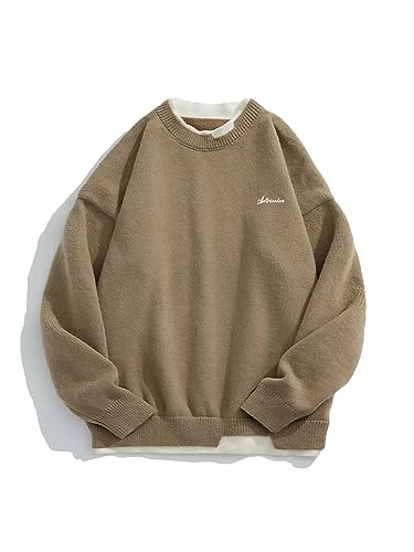 Aelfric Eden Herren Pullover Damen Strickpullover Oversized Unisex Einfarbig Pulli Gestrickt Lose Basic Rundhals Winterpullover Casual Sweater Khaki-2, S von Aelfric Eden