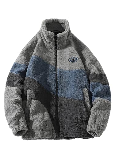 Aelfric Eden Herren Fleece Winterjacke Damen Warm Fleecejacke Stehkragen Zip Farbblock Wintermantel Sherpa Jacken mit Taschen Outwear Grau, M von Aelfric Eden