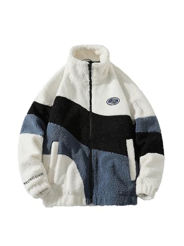 Aelfric Eden Herren Fleece Winterjacke Damen Warm Fleecejacke Stehkragen Zip Farbblock Wintermantel Sherpa Jacken mit Taschen Outwear Weiß, L von Aelfric Eden