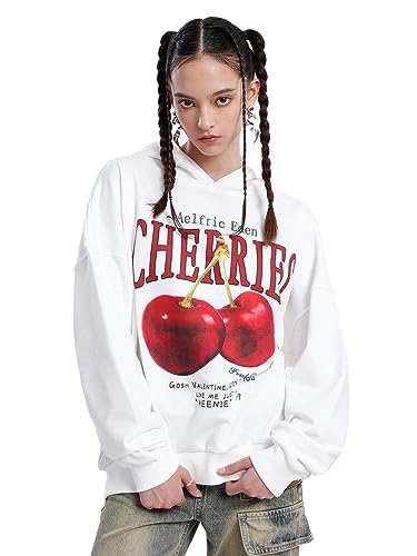 Aelfric Eden Herren Oversized Hoodie Pullover Y2K Vintage Kapuzenpullover Damen Sweatshirt mit Cherry Druck Weiß L von Aelfric Eden