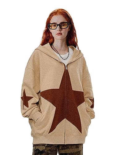 Aelfric Eden Herren Oversized Kapuzenjacke Casual Sterne Sweatshirt Jacke mit Kapuze Dünn Kapuzenpullover Reißverschluss Zip Up Hoodie Y2K Streetwear Aprikose-5, L von Aelfric Eden