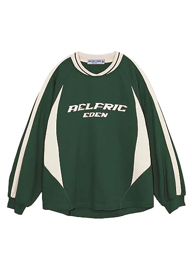 Aelfric Eden Herren Oversized Sweatshirt Ohne Kapuze Herren Vintage Raglan Patchwork Streifen Langarmshirt mit Logodruck Grün, S von Aelfric Eden