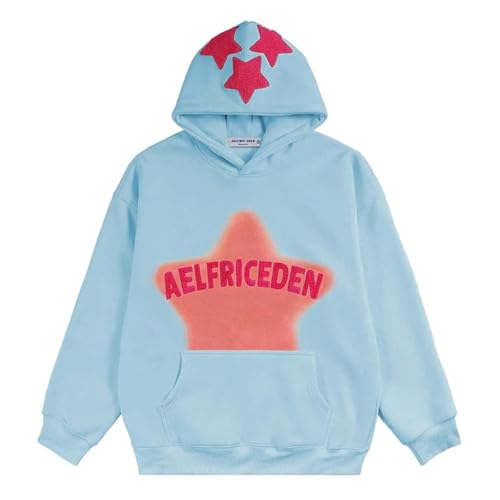 Aelfric Eden Herren Oversized Vintage Hoodie Lose Stern Pullover mit Kapuze Basic Kapuzenpullover Hip Hop Kapuze Sweatshirt mit Tasche Blau, XS von Aelfric Eden
