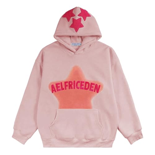 Aelfric Eden Herren Oversized Vintage Hoodie Lose Stern Pullover mit Kapuze Basic Kapuzenpullover Hip Hop Kapuze Sweatshirt mit Tasche Rosa-1, L von Aelfric Eden