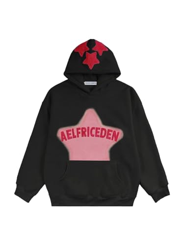 Aelfric Eden Herren Oversized Vintage Hoodie Lose Stern Pullover mit Kapuze Basic Kapuzenpullover Hip Hop Kapuze Sweatshirt mit Tasche Schwarz, XS von Aelfric Eden