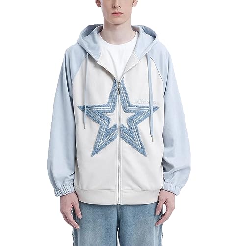 Aelfric Eden Herren Oversized Vintage Hoodie Sterne Casual Sweatjacke Basic Pullover mit Kapuze Dünn Sweatshirt Streetwear Zip Up Kapuzenpullover Y2K Blau-9, L von Aelfric Eden