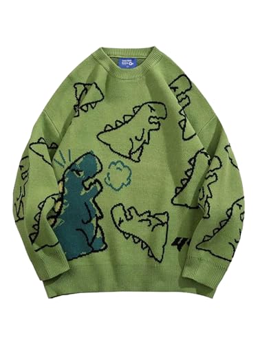 Aelfric Eden Herren Pullover Damen Strickpullover Oversize Cartoon Pulli Y2K Dinosaurier Sweater Langarm Winterpullover 02Grün, L von Aelfric Eden