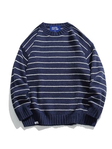Aelfric Eden Herren Pullover Gestreifter Unisex Rundhals Strickpullover Lockere Casual Sweater Übergroßer Navy Blau L von Aelfric Eden
