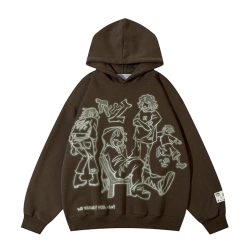 Aelfric Eden Hoodie Oversize Damen Kapuzenpullover Baumwoll Pullover Winter Cartoon Line Character Print Sweatshirt Baggy Mit Kapuze Sport Gym Athletic Streetwear Braun S von Aelfric Eden