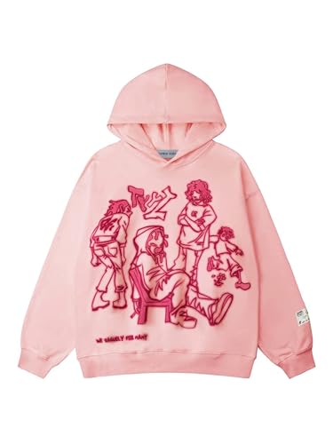 Aelfric Eden Hoodie Oversize Damen Kapuzenpullover Baumwoll Pullover Winter Cartoon Line Character Print Sweatshirt Baggy Mit Kapuze Sport Gym Athletic Streetwear Rosa XS von Aelfric Eden