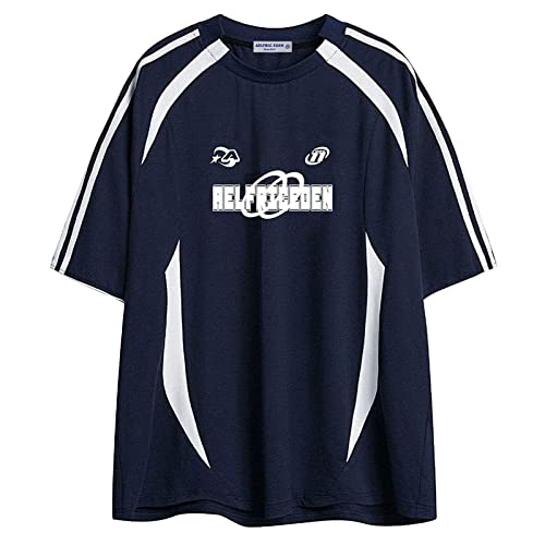 Aelfric Eden Herren Sommer Fußball Shirt Damen Oversized Rundhals Kurzarm Vintage Raglan Jersey Basic Tshirt mit Stripes Casual Oberteile Streetwear Blau von Aelfric Eden