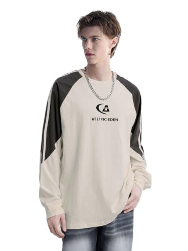 Aelfric Eden Herren Sweatshirt Ohne Kapuze Damen Basic Vintage Raglan Stripes Logodruck Langarmshirt Pullover mit Rundhalsausschnitt Beige von Aelfric Eden