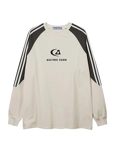 Aelfric Eden Herren Sweatshirt Ohne Kapuze Damen Basic Vintage Raglan Stripes Logodruck Langarmshirt Pullover mit Rundhalsausschnitt Beige von Aelfric Eden