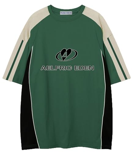 Aelfric Eden Herren Tshirt Oversized Damen Sommer Shirt Unisex Vintage Fußball Trikot Rundhals Kurzarm Raglan Jersey Basic T-Shirts mit Stripes Casual Oberteile Streetwear Grün, L von Aelfric Eden