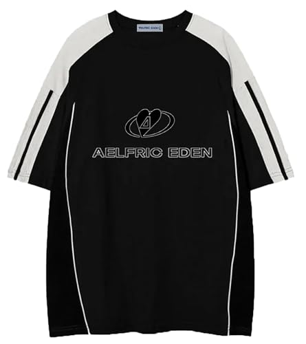 Aelfric Eden Herren Tshirt Oversized Damen Sommer Shirt Unisex Vintage Fußball Trikot Rundhals Kurzarm Raglan Jersey Basic T-Shirts mit Stripes Casual Oberteile Streetwear Schwarz, L von Aelfric Eden