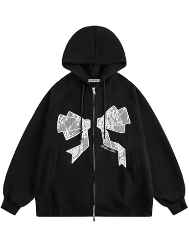 Aelfric Eden Hoodie Damen Reißverschluss Oversize Sweatjacke mit Kapuze Kapuzenpullover Zip Up Kapuzenjacke Y2K Jacke Vintage Sweatshirt mit Taschen Casual Schwarz S von Aelfric Eden