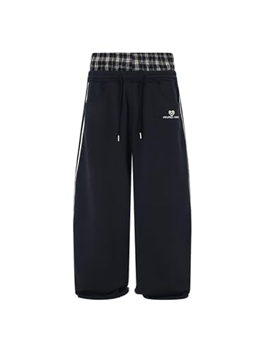 Aelfric Eden Karierte Patchwork Jogginghose Herren Plaid Patchwork Hose Damen Freizeithose Casual Sporthose Double Waist Baggy Hosen Streetwear Sweatpants Dunkelblau, XS von Aelfric Eden