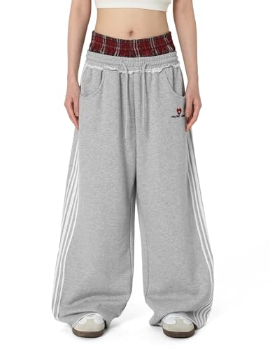 Aelfric Eden Karierte Patchwork Jogginghose Herren Plaid Patchwork Hose Damen Freizeithose Casual Sporthose Double Waist Baggy Hosen Streetwear Sweatpants Grau, XS von Aelfric Eden