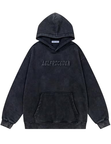 Aelfric Eden Oversized Hoodie Pullover Herren Ausgewaschener Kapuzenpullover Damen Dicke Baumwolle Sweatshirt Y2K Vintage Jacke Schwarz XL von Aelfric Eden